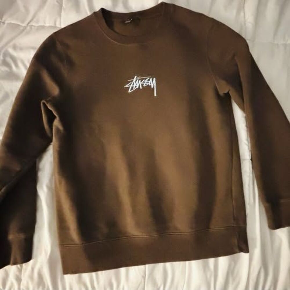 Stussy Men’s Small Brown Soft Crewneck Sweatshirt Blue Embroider Logo Streetwear